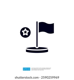 a minimalist design of a flag on a pole alongside a star symbol, representing concepts of achievement, recognition, or territory. Illustration icon