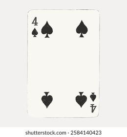 Minimalist design of a four of spades playing card. Simple black spades on a white background. Classic playing card with four spades in each corner. Vintage art illustration, vector.