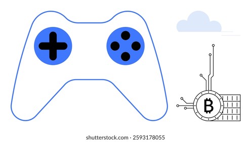 Minimalist design with a game controller and Bitcoin symbol connected by circuit lines, under a light blue cloud. Ideal for gaming, cryptocurrency, technology, blockchain, fintech. Simplistic