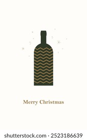 Minimalist design with a green wine bottle decorated with gold zig zag patterns and surrounded by festive elements. Merry Christmas. Vector illustration. New Year, winter holiday. Postcard template