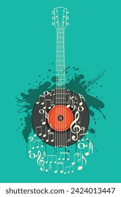 Diseño minimalista con guitarra, bandeja de pintura y notas musicales.