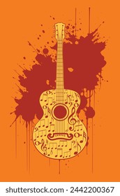 Minimalist design with guitar, paint splatter and music notes.