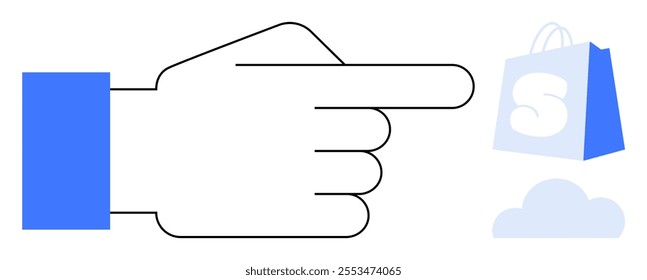 A minimalist design of a hand pointing towards a shopping bag with a cloud below. Ideal for online shopping, e-commerce, digital marketing, delivery services, and modern illustrations in a flat