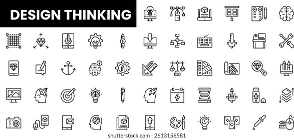 Minimalist design icons representing design thinking concepts.