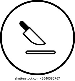 Minimalist design of a knife cutting on a board, inside a circular frame