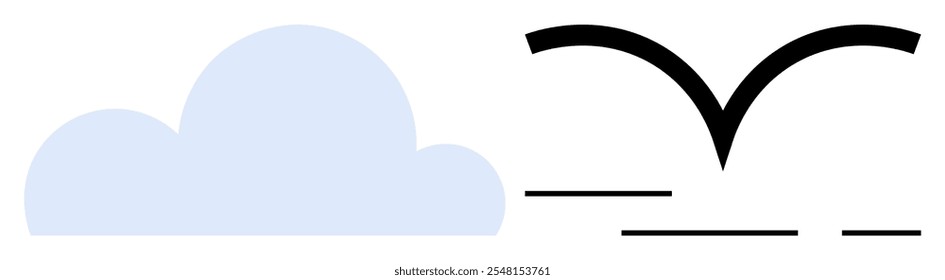 Diseño minimalista con una nube azul claro y un pájaro negro estilizado en vuelo. Ideal para temas de naturaleza, minimalismo, proyectos de arte, libros infantiles e inspiraciones de diseño. Estética simple y limpia