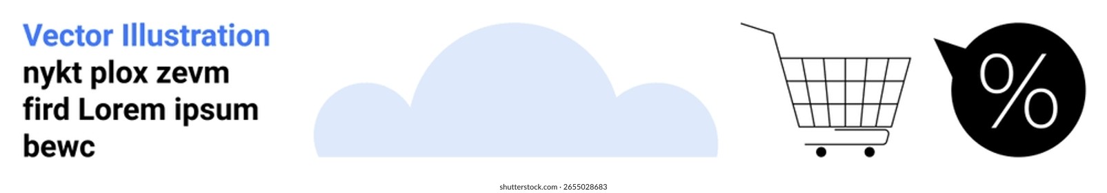 Un diseño minimalista con una nube azul claro, Carrito de compras y un ícono de descuento negro. Ideal para comercio electrónico, ventas y promociones comerciales. Anuncio para la página de destino