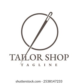 Logotipo minimalista com agulhas de costura em círculo monocromático. Este design é perfeito para Tailor Shop, Boutique, ou qualquer negócio na indústria da moda.