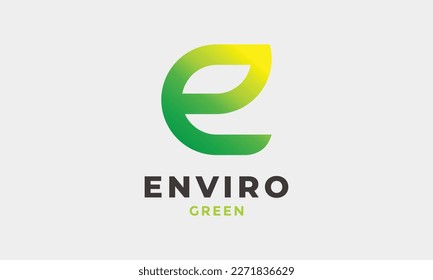 Minimalist design logo letter e leaf concept for environment and green industry logo