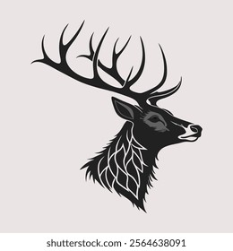 A minimalist design a majestic stag's head with a stark black and white color palette