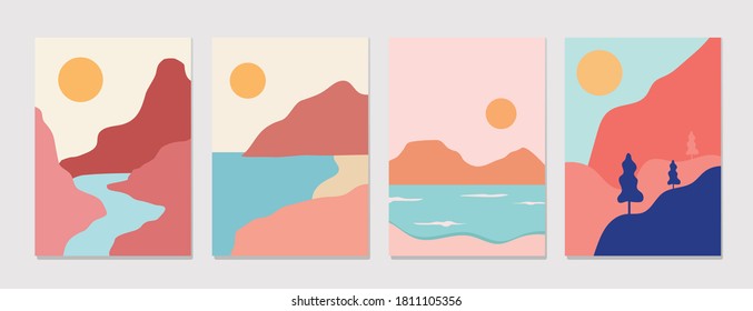 Minimalist design. mountains and sea illustration. Abstract geometric landscape with minimalist shapes and beautiful colors. Vector geometry. poster, post card, digital wall art ready to print