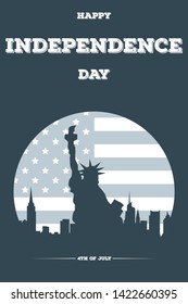 Minimalist design for poster American Independence Day. Silhouette of the Statue of Liberty on background building city skyline and flag in the form of sun. Banner template to the 4th of July.