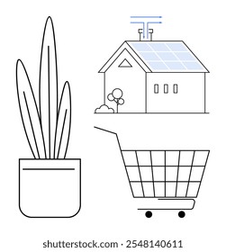 Un diseño minimalista con una planta en maceta, una casa ecológica con paneles solares y un Carrito de compras. Ideal para la sostenibilidad, la vida ecológica, el estilo de vida verde, el minimalismo y la conciencia ambiental