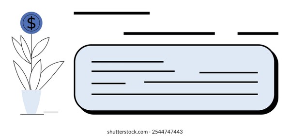 Diseño minimalista con una planta en maceta con un signo de dólar y un Grande rectángulo redondeado. Ideal para el crecimiento financiero, la inversión, el desarrollo empresarial, el progreso económico y la creación de riqueza