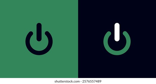 A minimalist design of a power button symbol on green and black backgrounds. A modern graphic representing technology, energy, and control concepts