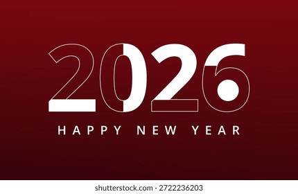 Design minimalista proeminentemente apresenta o número branco 2026 acima da frase feliz ano novo definido contra um fundo maroon gradiente profundo sinalizando o início da celebração do ano calendário se aproximando.