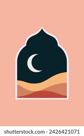 Minimalist design Ramadan Mubarak greeting card. Window and arch with moon, mosque dome.