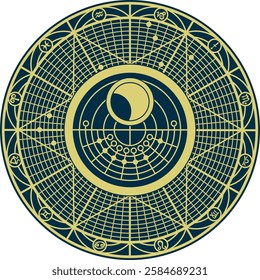 minimalist, design resembling a cosmic background with astral geometry. It features a circular pattern with grid lines and concentric circles, possibly representing a medieval navigation tool with Ara