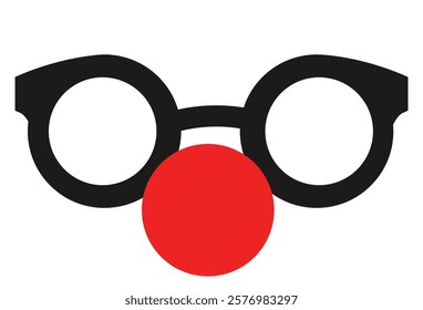 Minimalist design of round black glasses paired with a red clown nose, highlighting humorous and playful themes.