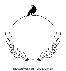 minimalist design of a round frame with branches and a silhouette of a raven in black 