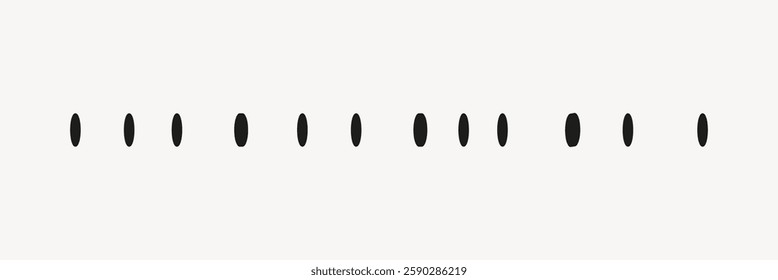 Minimalist design with a series of black ovals evenly spaced on a white background. Simple and abstract pattern featuring black ovals in a linear arrangement. Doodle shape vector.