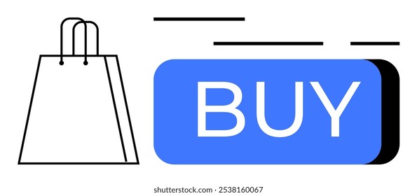Minimalist design of a shopping bag next to a blue buy button. Ideal for e-commerce, online shopping, digital marketing, retail promotions, and user interface design. Simple vector style