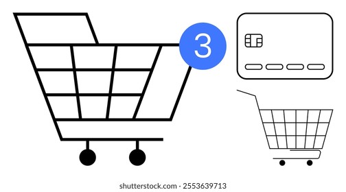 Minimalist design of a shopping cart with a quantity badge and a credit card icon. Represents online shopping, electronic payment, and digital commerce. Ideal for e-commerce, retail, online stores