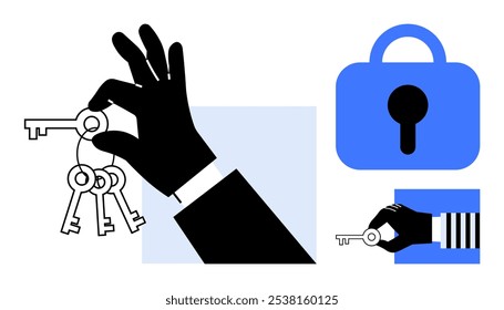 A minimalist design showcases a hand holding keys and a large lock symbol. Ideal for security, protection, access, data safety, and privacy themes. The colors are predominantly black and blue with