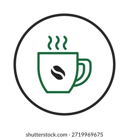 Un diseño minimalista muestra una taza humeante de café con un estilizado grano de café en su cara. El emblema irradia calidez e invita a una sensación de disfrute simple, perfecto para el café