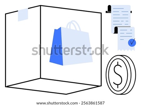 Minimalist design showcasing a shopping bag inside a transparent cube, digital receipts with a checkmark, and a dollar coin symbol. Ideal for e-commerce, online shopping, secure transactions, digital