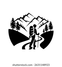 Minimalist design showcasing a traveler navigating a rugged mountain path.