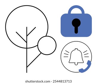 A minimalist design showcasing a tree, a blue padlock, and a notification bell with a call symbol. Ideal for web design, security, nature, notifications, communication, and graphic elements