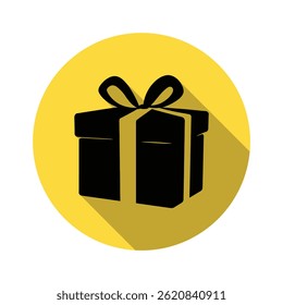 Um design minimalista mostrando uma silhueta de caixa de presente preta amarrada com uma fita. Ele é definido contra um círculo amarelo com uma sombra suave, criando uma aparência gráfica limpa.