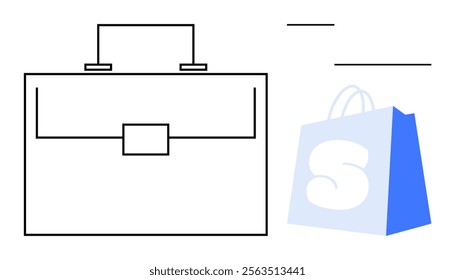 A minimalist design showing a briefcase and a shopping bag with a letter S imprinted on it. Ideal for business, shopping, e-commerce, retail, and minimalism. Simple lines minimalistic style