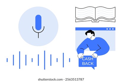 Minimalist design showing a microphone with sound waves, an open book, and a person with a cashback sign. Ideal for podcasting, audiobooks, finance, marketing, and education themes. Simplistic vector