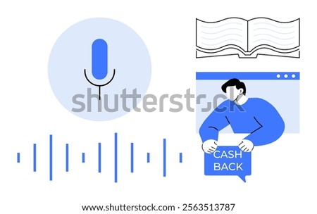 Minimalist design showing a microphone with sound waves, an open book, and a person with a cashback sign. Ideal for podcasting, audiobooks, finance, marketing, and education themes. Simplistic vector