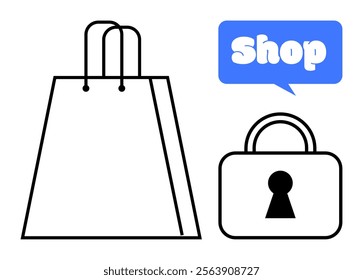 Minimalist design showing a shopping bag, padlock, and a shop speech bubble. Ideal for e-commerce, security, online shopping, retail, and digital marketing themes. Black and blue colors. Vector style