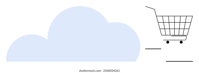 Minimalist design showing a shopping cart and a light blue cloud. Ideal for online shopping, digital commerce, cloud computing, retail technology, e-commerce services. Modern, simple, clean style