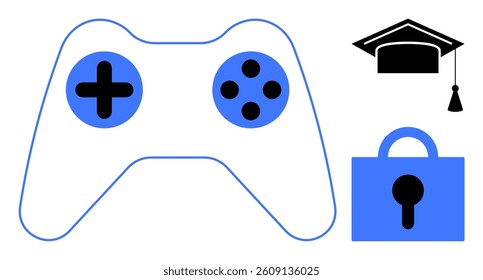 Minimalist design shows a blue game controller, black graduation cap, and a blue lock. Ideal for education, online security, gaming, technology, and e-learning themes