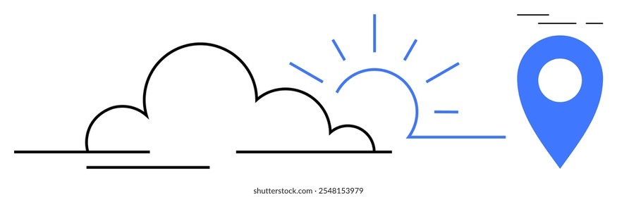 A minimalist design shows a cloud and sun next to a blue map pin. Ideal for weather apps map services travel planning geographic information and user location features. Clean line art style