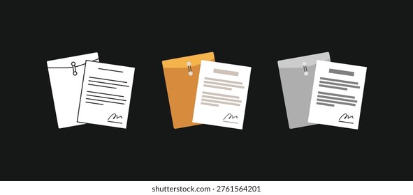 Minimalist design shows three letter sets. Each set includes a signature and formal text. Clean layout suits corporate or legal contexts. Dark background highlights the documents