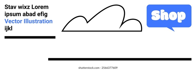 Minimalist design with a simple cloud outline, blue speech bubble with word Shop, and placeholder text. Ideal for online stores, e-commerce platforms, marketing websites, web development, or