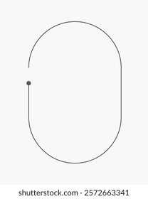 Minimalist design with a thin, continuous black line forming an oval shape. The line is broken by a small black dot, adding a simple, elegant touch. Oval frame on white background, vector.