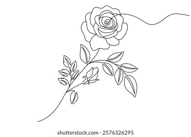 The minimalist design of this elegant rose flower is ideal for floral art, beauty, and romance themes, and is drawn with one continuous line.