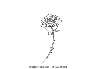 The minimalist design of this elegant rose flower is ideal for floral art, beauty, and romance themes, and is drawn with one continuous line.