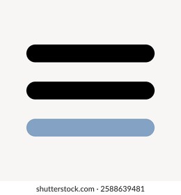 Minimalist design with three horizontal lines. Black lines contrast with a blue line. Simple, clean lines create a modern, minimalist aesthetic. User interface icon vector.