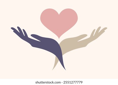 Minimalist design of two hands supporting a heart shape symbolizing love, care, and giving, ideal for wellness, charity, healthcare, or relationship concepts