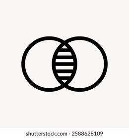 Minimalist design of two overlapping circles with a striped intersection. Simple, abstract, and geometric shapes create a unique visual effect. User interface icon vector.