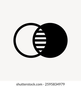 Minimalist design of two overlapping circles, one with stripes. Black and white geometric shapes create a simple, modern aesthetic. Circles and stripes intersect. User interface icon vector.
