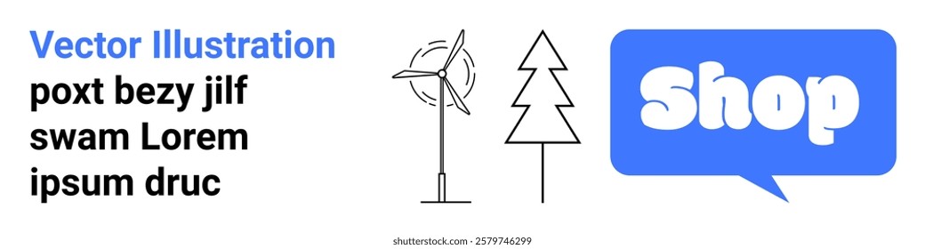 Minimalist design with wind turbine, tree, and blue speech bubble containing the word Shop. Ideal for e-commerce, eco-friendly products, renewable energy, digital marketing, and visual content